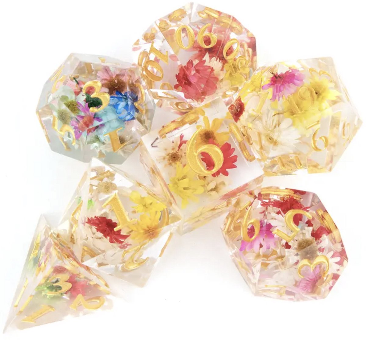 Joya Kids® Dungeons and Dragons Dobbelsteen set | Polydice DnD Dobbelstenen Set | D&D Dice set | Resin 7 stuks set | Incl Luxe Opbergdoos | Transparant met gekleurde Bloemen